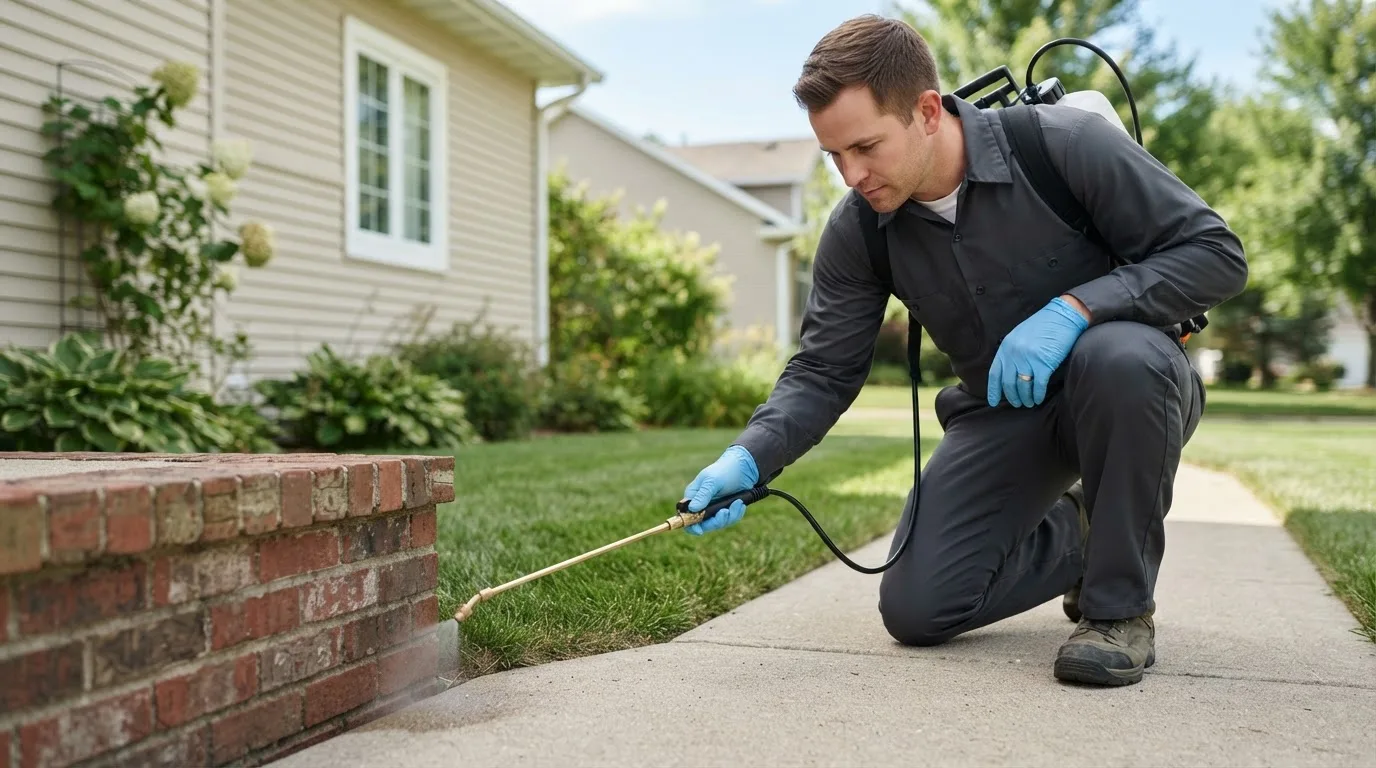 Pest control technician treating a home near Strawn, TX